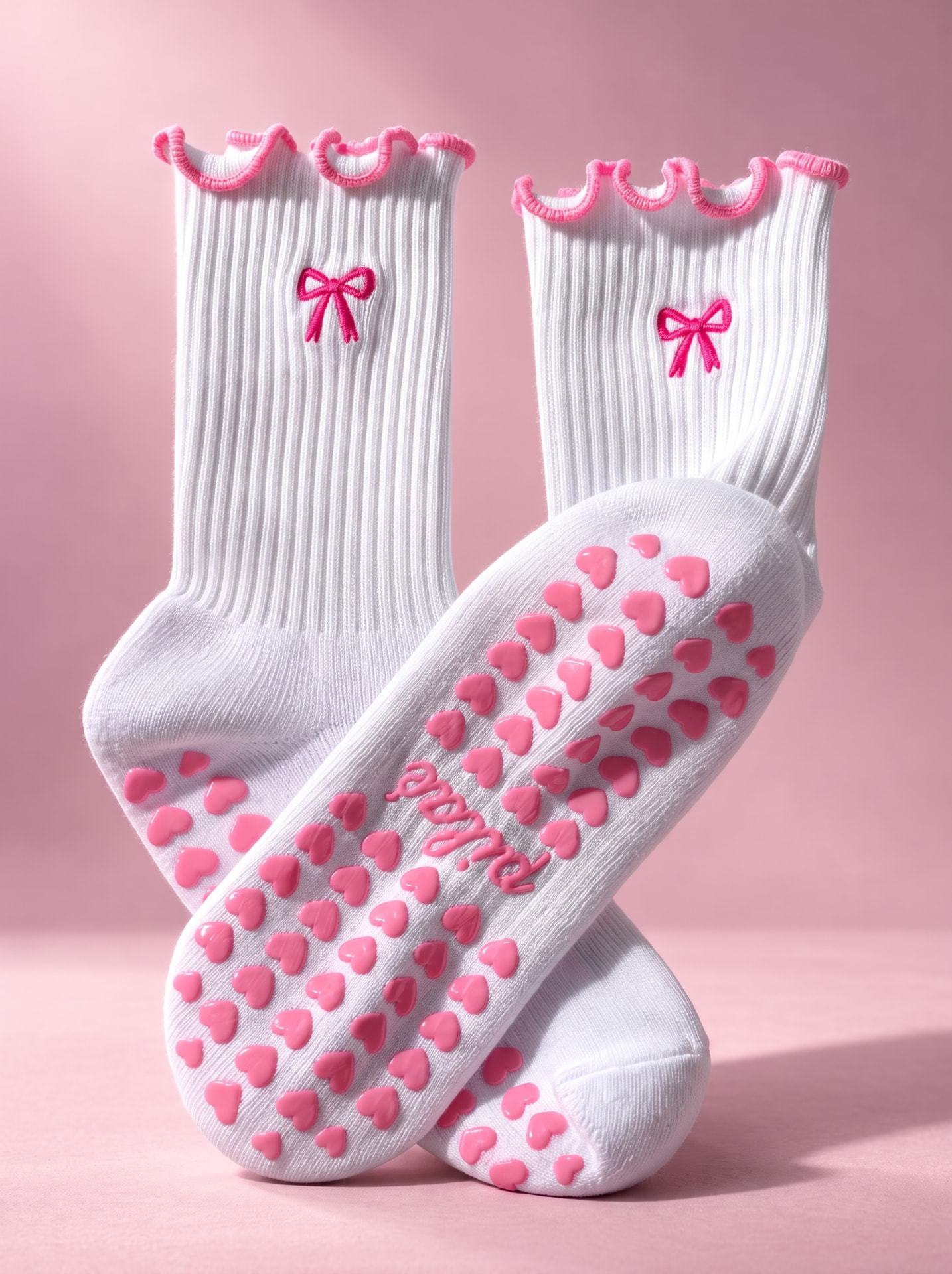 Paire de chaussettes de Pilates Pilaé Rose Bonbon avec picots en cœur roses